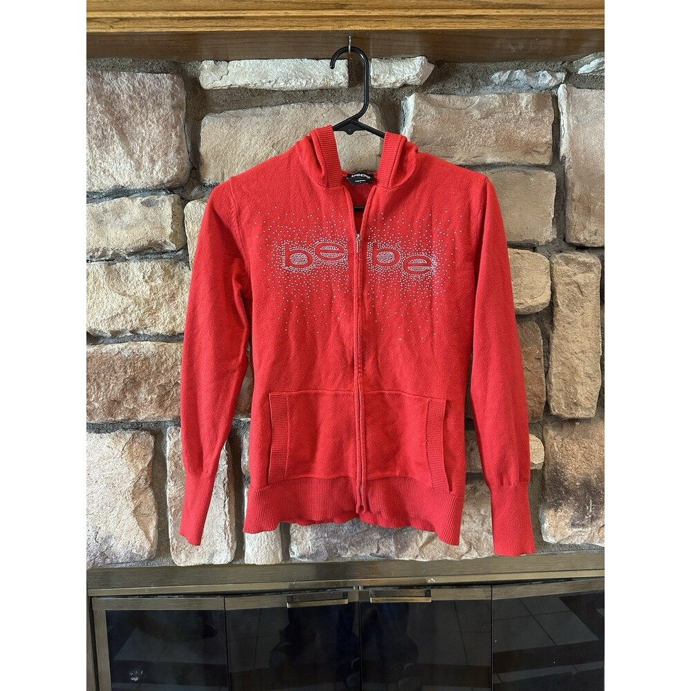 VTG BEBE Y2K Red Full Zip Hoodie Women Size L Rhinestone Knit Logo Long Sleeve